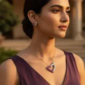 <b>Silver</b> Heart Ruby <b>Stud</b> <b>Earrings</b> & Pendant Fine Jewelry <b>Set</b> Gift for Her - Product Image 3