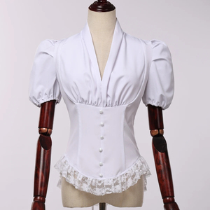 Blusa de algodón para mujer manga corta cuello en V encaje gasa delgada corsé camisa Tops - Product Image 4