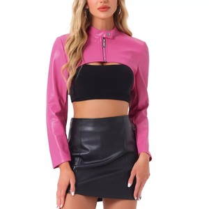 Women's Long Sleeved Moto Biker Faux Leather <b>Jacket</b> <b>Cropped</b> Stand Collar Zipper Front Solid Autumn Sheep Skin Inspired - Product Image 1