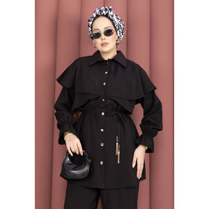 Ensemble tunique et pantalon pour femme, style cape, boutonné, noir, 100% lin crêpe, tailles XS-XXL, ensemble deux pièces - Product Image 2