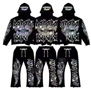 2026 Breathable Custom Cotton/Bamboo Fiber Acid Wash Distressed Applique Embroidery Patchwork Logo Winter Jogging 2 Piece <b>Set</b> - Product Image 2