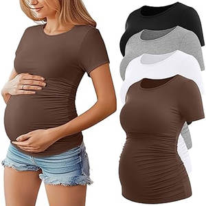 Chemises de maternité pour femmes en coton doux col rond à manches courtes décontracté côté froncé vêtements de grossesse hauts extensibles vêtements de maternité - Product Image 6