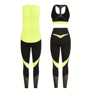 2026 trois pièces femmes couleur bloc haut court et lettre imprimé débardeur ensemble avec Leggings pour le Fitness et la course - Product Image 1