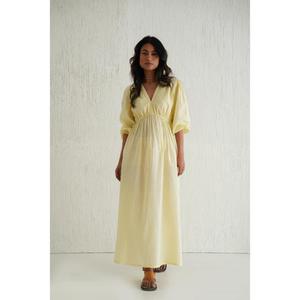 Vestido largo de algodón amarillo pastel liso para mujer, estilo gótico floral, cuello en V, cintura natural, manga corta, informal, de verano, lavable digitalmente. - Product Image 1