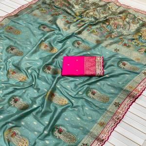 Sari de Seda Dola Pura de Lujo VASTRA COTTAGE con Bordado Meenakari Zari, Borde con Secuencia de Codificación y Blusa en Contraste - Product Image 2