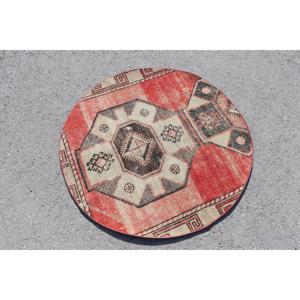 พรมตุรกีโบราณ ทรงกลม ขนาด 3.5x3.5 ฟุต (106x107 ซม.) พรมขนสัตว์สีแดงสไตล์ตะวันตกเฉียงใต้ - Product Image 2