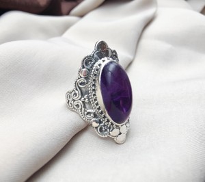 925 Sterling Silver Black Onyx Ring | Oval Faceted Gemstone Bezel Setting | Handmade Rhodium Plated Bohemian Leaf Floral Design - Product Image 1