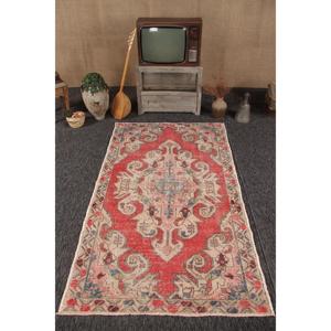 Vintage Eco-Friendly <b>Wool</b> Turkish Rug 4.3x7.3 ft (132x224 Cm) <b>Red</b> Patchwork with Latex Backing - Product Image 1