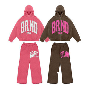 Streetwear Custom Distressed Embroidered Patch Rhinestone <b>Zip</b> <b>up</b> Hoodie and Sweatpants Set Men Acid Wash Tracksuit - Product Image 2