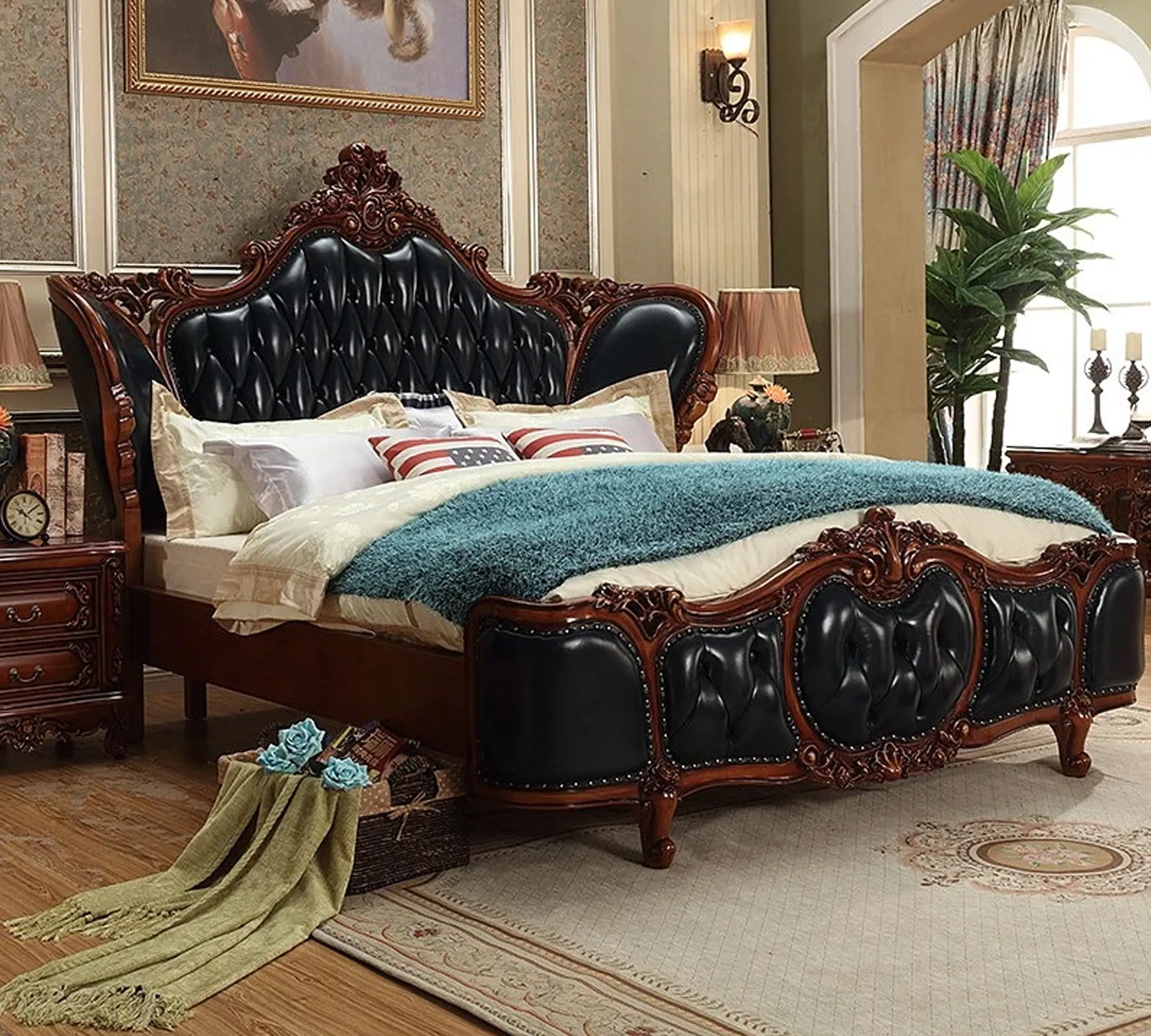 Ensemble de chambre à coucher de couleur marron de style européen Lit en cuir royal français sculpté de luxe