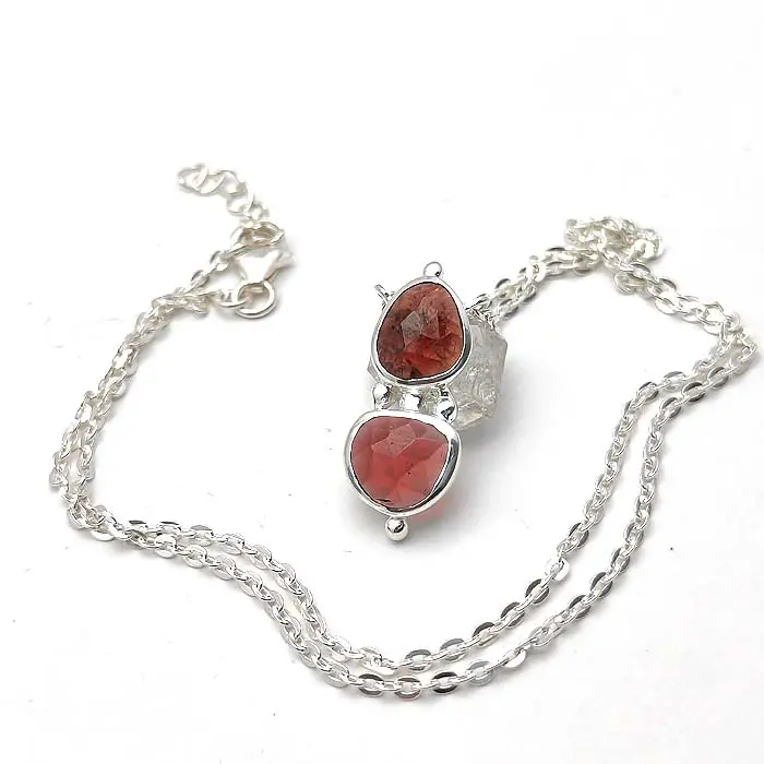 Natural Garnet 11x9mm Gemstone 925 Solid silver Pendant with 18" Chain 6.4 gms Ethic style silver double gemstone bezel necklace