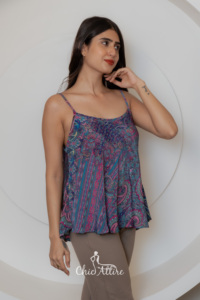 Nouvelle mode personnalisée Ladies Resort Style Sexy Paisley Print & Flared Hem Striped Sleeve Cami Top Parfait pour les femmes à la mode - Product Image 3