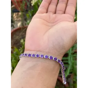 สร้อยข้อมือเทนนิสทองคำ 14k ประดับอเมทิสต์และเพชรทรงรี เครื่องประดับแฟชั่น - Product Image 6