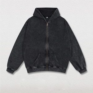 Sweat à capuche zippé pour homme, streetwear personnalisé, noir uni, 400 g/m², en molleton bouclette, effet vintage délavé à l'acide, 2026 - Product Image 2