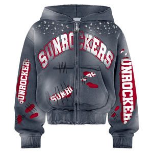 Custom Streetwear Zip up Crop <b>Hoodie</b> Men Distressed Acid Wash Heavyweight <b>Rhinestone</b> Sweatpants and <b>Hoodie</b> Set - Product Image 4