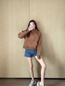 Sudadera con capucha de hombro con media cremallera suelta con mangas completas de precio barato Premium de Venta caliente de moda con estilo para mujer - Product Image 5