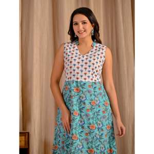 Vestido Casual sin Mangas de Algodón Estampado Turquesa, Talla Única XS a XL, Transpirable y Elegante para el Día a Día, Fiestas y Celebraciones - Product Image 1