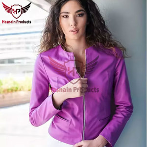 Womens Real Purple <b>Leather</b> <b>Jacket</b> Collarless Crew Neck Sheepskin Coat Zipper Front Side Pockets Slim Fit Custom Outwear New Look - Product Image 6