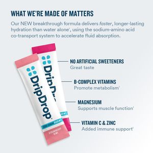 DripDrop Zero Sugar Plus - Mezcla de Bebida en Polvo con Electrolitos - Fresa, Kiwi, Melocotón, Limonada de Cereza, Bayas Silvestres, 8 Sobres - Product Image 5