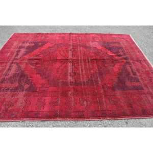 6.9x9.2 ft Turkish Rug, Vintage Large Rug, <b>Red</b> Purple Polka dot <b>Wool</b> Rug - Product Image 3