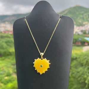 Heart carved yellow jade gemstone pendant handmade adjustable pendant necklace bezel charms carved pendant necklace - Product Image 3