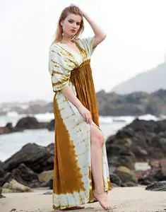 Custom OEM Women's Rayon Tie Dye <b>Kaftan</b> High Waist V-Neck Short Sleeve Cover <b>Dress</b> for Summer <b>Beach</b> Wear - Product Image 6