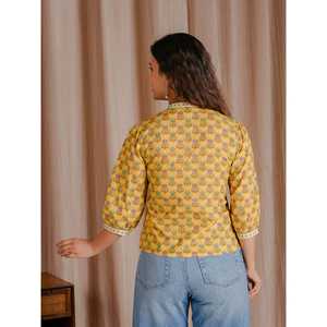 Chic <b>Yellow</b> Butti Cotton Pintux Style Short <b>Top</b> for <b>Ladies</b> XL Size Breathable Poplin Fabric Casual Formal Solid Viscose Linen - Product Image 6