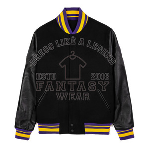 เสื้อแจ็คเก็ตวาร์ซิตี้แบบสั่งทำ FANTASY WEAR สำหรับผู้ชาย แขนหนัง ปักอักษรเชนิลล์ เสื้อแจ็คเก็ตบอมเบอร์ตัวเสื้อทำจากผ้าขนสัตว์ แขนหนัง - Product Image 1