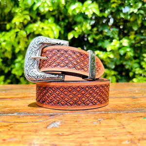 Handmade Genuine Leather Western <b>Cowboy</b> <b>Belt</b> Water Buffalo Leather Basketweave Tooling Fort Worth Design Unisex <b>Buckle</b> 40MM - Product Image 1
