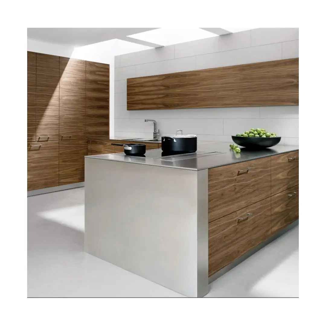 Design personalizzato noce naturale venature del legno colore di betulla compensato lamina moderni armadi da cucina con isola