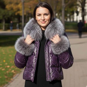 Blouson matelassé en cuir véritable pour femme avec col en fourrure de renard, fermeture éclair, coupe-vent, streetwear d'hiver - Cuir Spot - Product Image 1