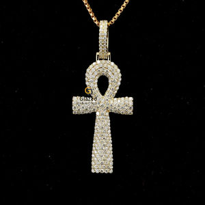 Colgante de diamante brillante de corte brillante redondo cultivado en laboratorio, Plata de Ley 925, joyería con forma de Hip Hop Ankh, glaseado de oro para fiestas - Product Image 2