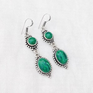 Boucles d'oreilles en malachite multi-pierres, plaquées argent 92,5, pendantes, faites à la main, bijoux bohèmes en cristal, pierre précieuse verte, cadeau pour maman, cadeau pour elle - Product Image 5