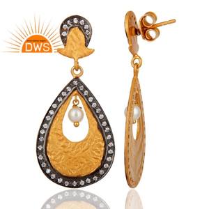 White Zircon and Pearl Gemstone Earrings Gold Plated Solid 925 Silver Designer Dangle Drop Earrings Jewelry Supplier - Product Image 3