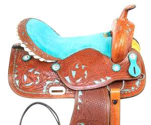 Vente en gros de selles en daim turquoise de qualité supérieure style occidental anglais sculptées à la main équipement d'équitation en cuir véritable - Product Image 1