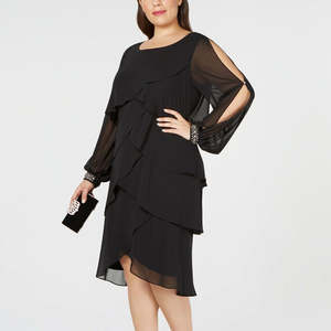 Abito da donna blu navy taglia 12 a maniche lunghe in chiffon a balze, silhouette a trapezio con vita naturale - SL Fashions - Product Image 1