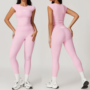 Camiseta de manga corta y conjunto de mallas, traje de entrenamiento, ropa deportiva para mujer, conjunto de Yoga y Fitness de cintura alta - Product Image 1