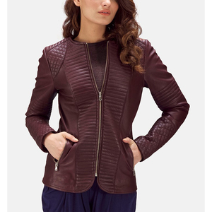 Mode personnalisée nouvelle couleur unie en cuir véritable revers veste à glissière femmes rue motard veste vêtements en gros - Product Image 5
