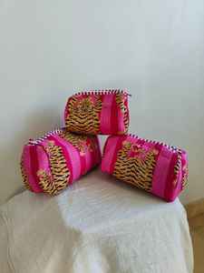 <b>Set</b> of 3 Cotton Quilted Animal Print <b>Makeup</b> Bags with Zipper Closure Lightweight Travel & for Organizer From Rajasthan - Product Image 5