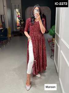 ชุดพื้นเมืองอินเดียเรยอนยาวแขนครึ่งชุดแฟนซีสไตล์เคอร์ติสเคอร์ติสเคอร์ติสเคอร์ติสสุดพิเศษสำหรับผู้หญิง - Product Image 6