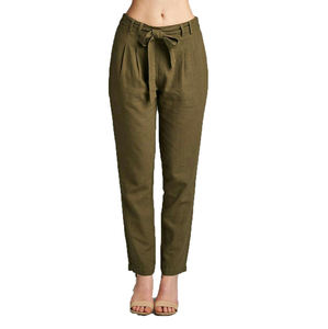 Pantalon en lin pur vert 100% pour femmes confortable taille moyenne tenue décontractée avec devant plat pour l'été durable - Product Image 1