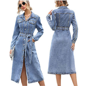 Robe longue en jean élégante pour femme, chemise en jean à boutons tendance, ceinture à la taille, coupe ajustée, col rabattu, logo sur le devant, pour l'été - Product Image 6