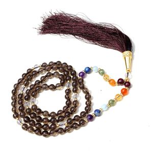 Venta al por mayor tendencia hecha a mano artista indio collares 7 Chakra Yoga cuarzo ahumado Pulsera 108 anudado Mala Beads para regalo - Product Image 6
