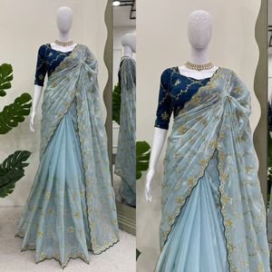 Ensemble de saree en filet sergé exclusif fil lourd et séquence de 9mm travail bordure en dentelle fantaisie vêtements ethniques de luxe - Product Image 1