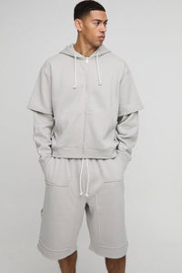 Conjuntos de Sudadera con capucha y pantalones cortos de doble capa 100% algodón logotipo personalizado ropa de calle de gran tamaño conjunto doble para hombres - Product Image 3