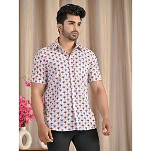 Chemise décontractée en popeline de coton blanche pour homme, imprimée, manches courtes, respirante, style western, taille XL - Product Image 5