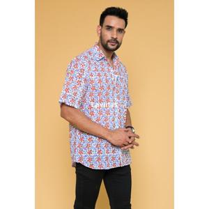 White 100% Cotton Men Handmade Floral Multi Colored Block Print Casual Designer Boho Beach Wear Regular Fit Autumn Eco-Friendly - Product Image 3