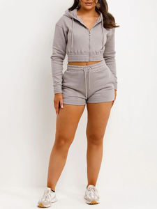 Custom Wholesale Trendy Hot selling <b>Women</b> 2 Piece Hoodie Shorts Set high quality Cropped <b>Zip</b> Up Tracksuit - Product Image 2