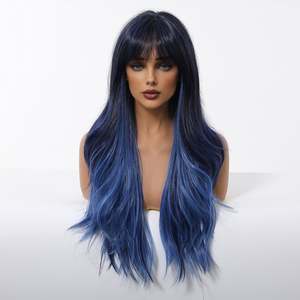 Perruque Synthétique DWY de Haute Qualité, Longue Ondulée Bleu Brume avec Boucles Naturelles, Dentelle Transparente, Fibre Résistante à la Chaleur, Frange Courte - Product Image 3