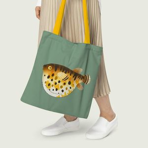 <b>Medium</b> Pufferfish Tote <b>Bag</b> Canvas Nylon Ribbon Handle Zipper Heat Transfer Cartoon Letter Screen for Advertising Daily <b>Gift</b> - Product Image 4